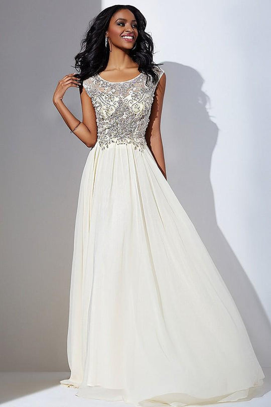 Sheer Neckline Embellished Bodice Chiffon Dress JVN37227