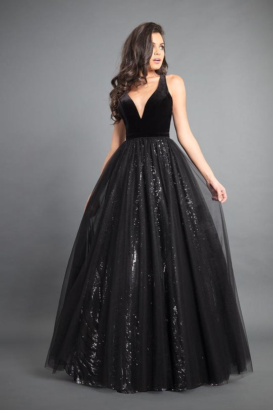 Rachel Allan - 8364 Velvet V-neck Sequined Tulle Ballgown in Black
