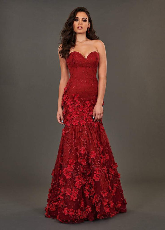 Rachel Allan - 8386 Floral Ornate Strapless Sweetheart Mermaid Gown In Red