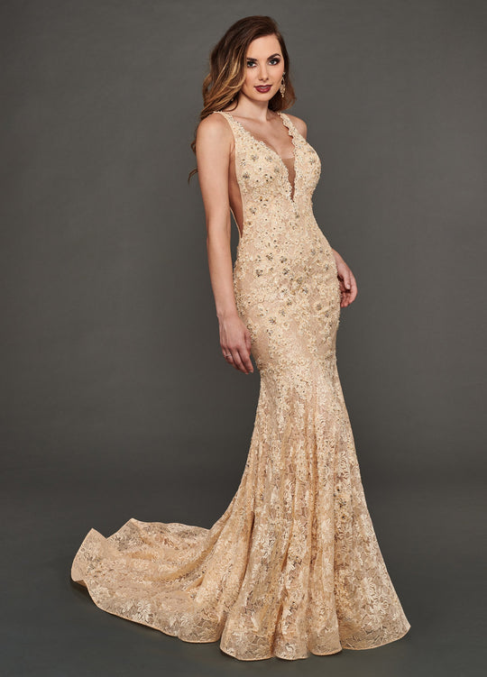 Rachel Allan Couture - 8388 Lace Embroidered Deep V-neck Trumpet Gown In Neutral