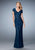 La Femme Embroidered V Neck Lace Sheath Evening Dress 23071 In Blue