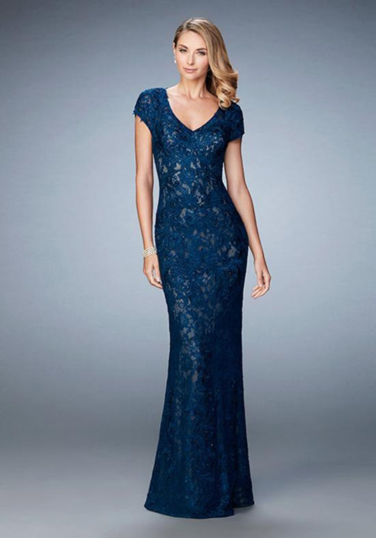 La Femme Embroidered V Neck Lace Sheath Evening Dress 23071 In Blue