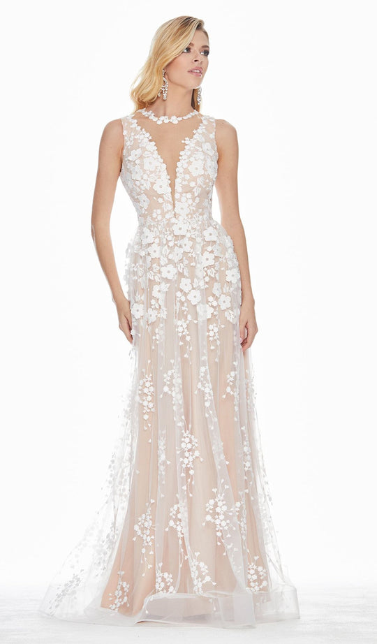 Ashley Lauren - 1392 Embroidered Organza A-line Dress In White and Neutral