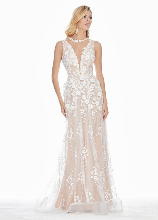 Ashley Lauren - 1392 Illusion Plunging Neck Embroidered Organza A-line Dress In White and Neutral