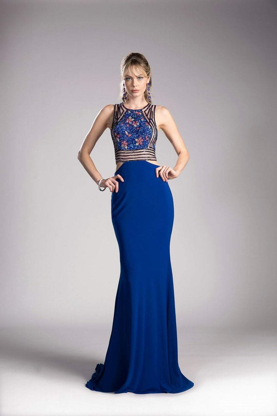 Cinderella Divine - 84001 Sequined Floral Illusion Banded Trumpet Gown In Blue