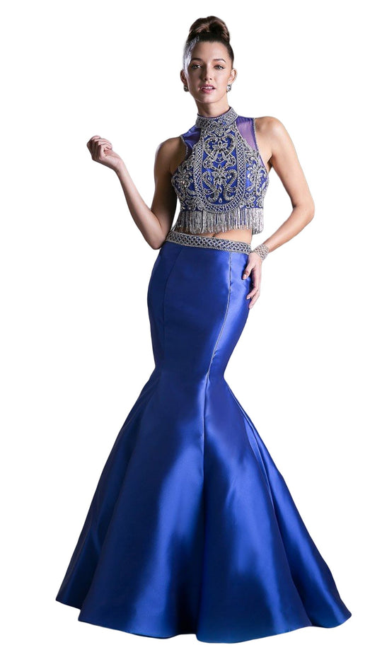 Cinderella Divine - 84016 Two-Piece Beaded High Halter Mermaid Gown In Blue