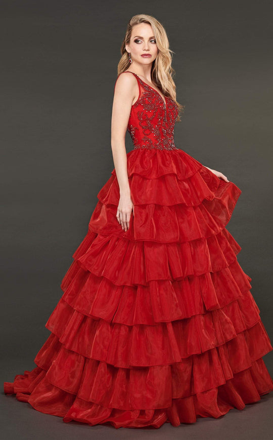 Rachel Allan Couture - 8407 Bead Embellished Ruffled Ballgown In Red