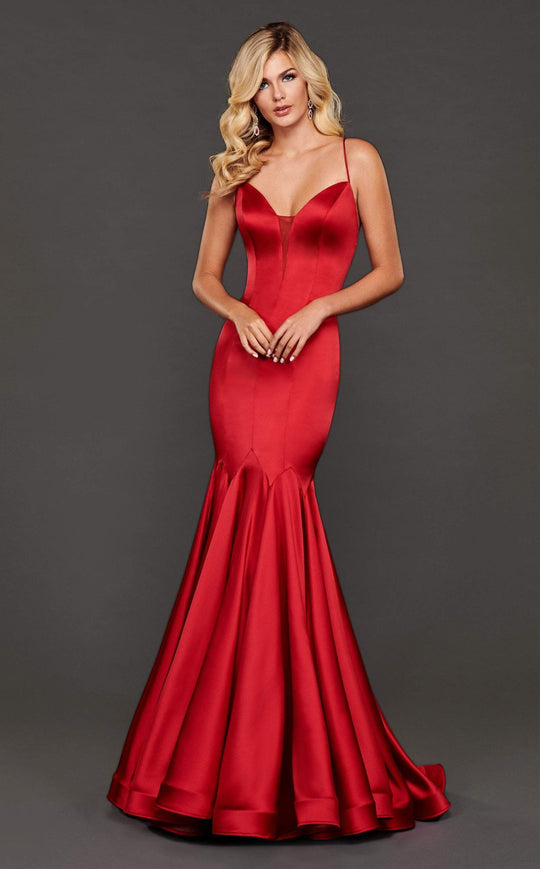Rachel Allan Couture - 8408 Deep V-neck Stretch Satin Mermaid Dress In Red