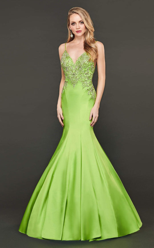 Rachel Allan Couture - 8416 Beaded Stretch Satin Mermaid Gown In Green