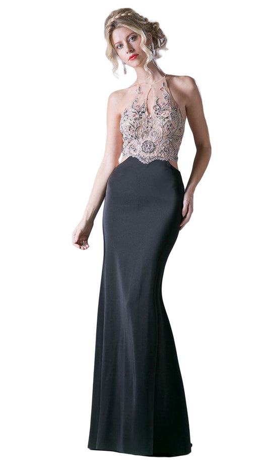 Cinderella Divine - 84174 Beaded Halter Sheath Dress In Black