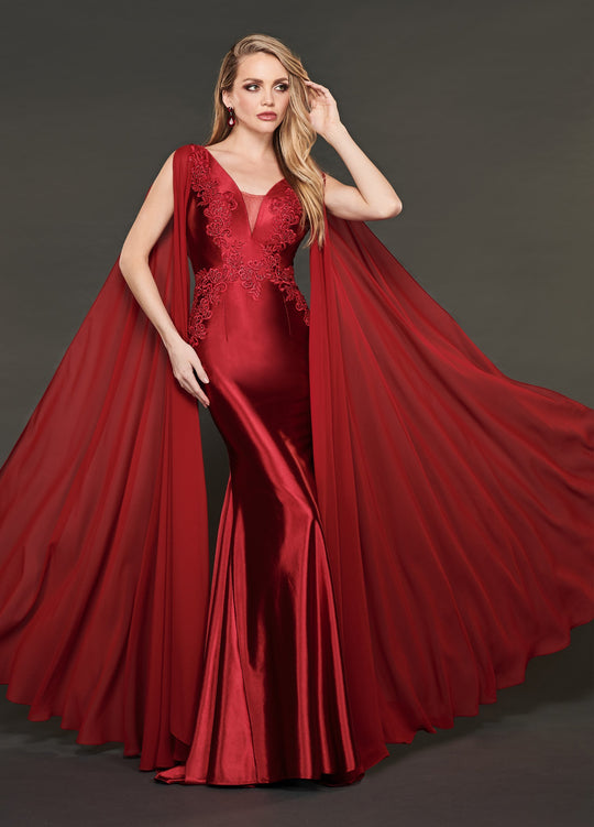 Rachel Allan Couture - 8420 Lace Embroidered Trumpet Dress with Cape  In Red