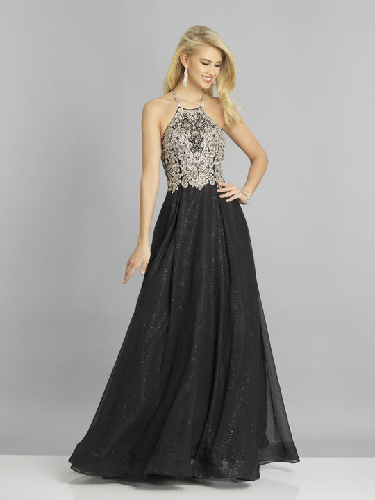 Dave & Johnny - A8469 Embroidered Halter Neck A-line Dress In Black