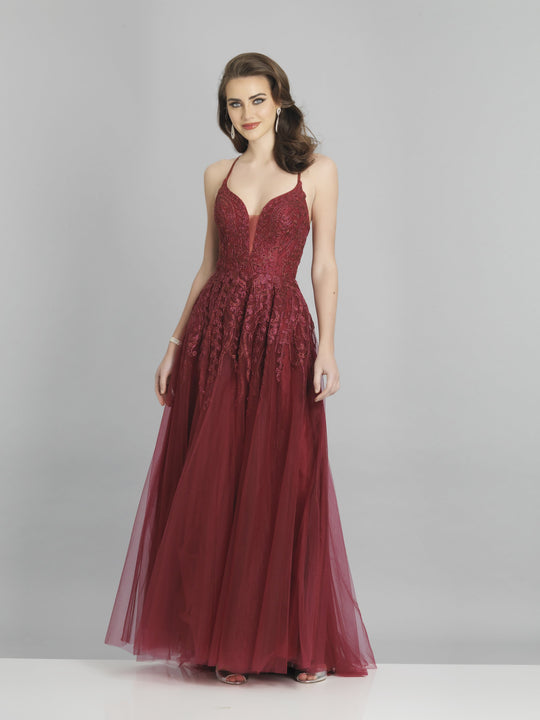 Dave & Johnny - A8507 Embroidered Deep V-neck A-line Gown In Red