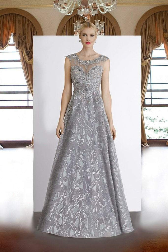 Janique - 85124 Illusion Lace Appliqued Geometric Gown in Grey