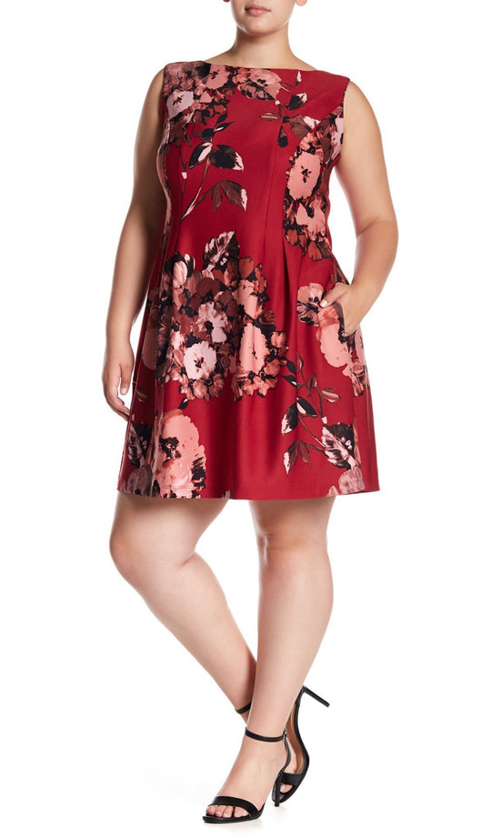 Taylor - 9441L Floral Print A-line Dress In Red