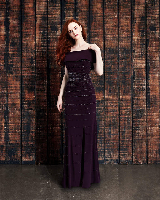 Alexander by Daymor - 852 Horizontal Beaded Off-Shoulder Fitted Dress In Purple