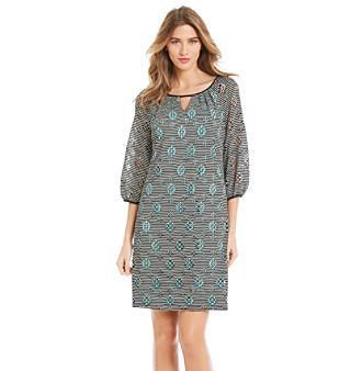 Madison Leigh - 1534653M Printed Eyelet Puff Sleeve Dress in Black and Blue