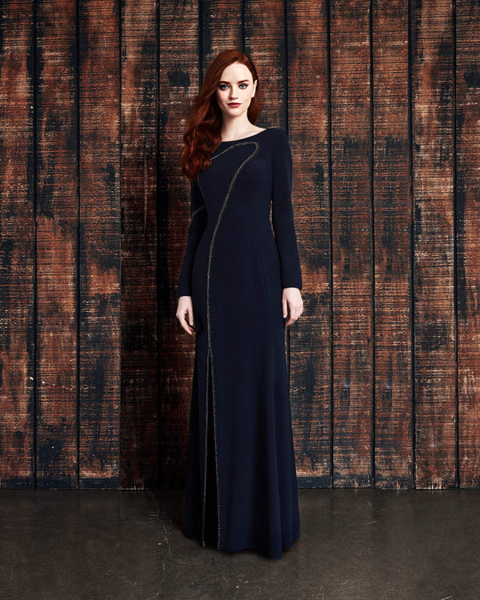 Alexander by Daymor - 853 Embellished Long Sleeve Bateau Fitted Dress In Blue
