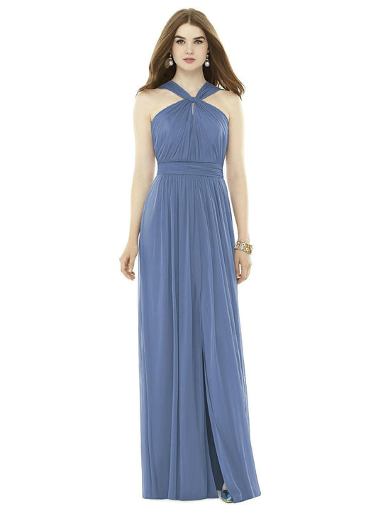 Alfred Sung - D720 Chiffon Knit Halter Sheath Dress In Blue