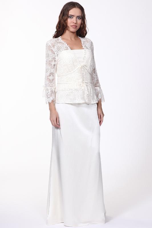 JS Collection - 854254 Three Piece Satin Set with Crochet Lace Jacket in White