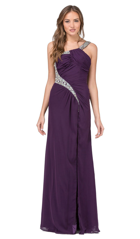 Dancing Queen - 8545 Asymmetrical Jeweled High Slit Prom Gown in Purple