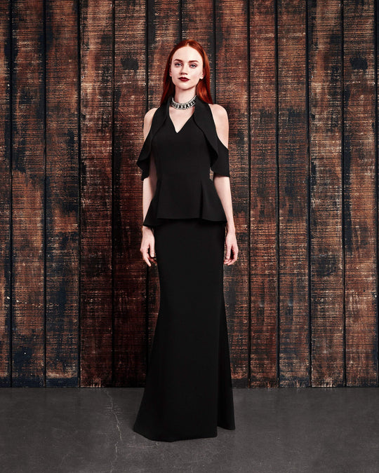 Alexander by Daymor - 856 Draped Sleeve Cold Shoulder Peplum Gown In Black