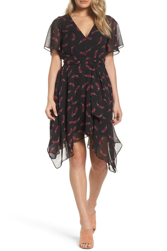 Sam Edelman - 61F010 Feather Print Handkerchief Hem Dress In Black and Print