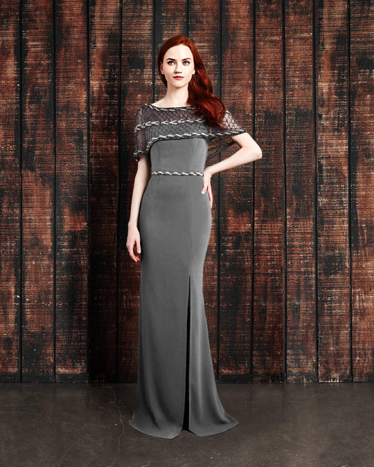 Alexander by Daymor - 859 Beaded Sheer Overlay High Slit Gown In Gray