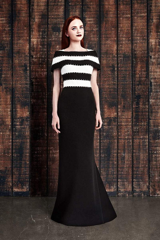 Alexander by Daymor - 860 Off Shoulder Beaded Long Formal Dress In Black and White