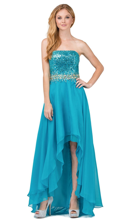 Dancing Queen - 8608 Strapless Sequined High Low A-line Prom Dress in Blue