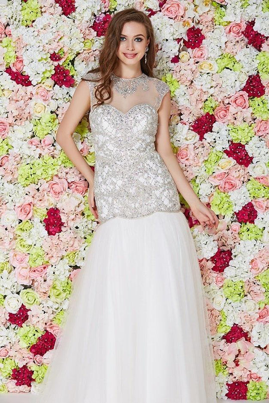 Angela & Alison - 861204 Embroidered Illusion Mermaid Gown In White