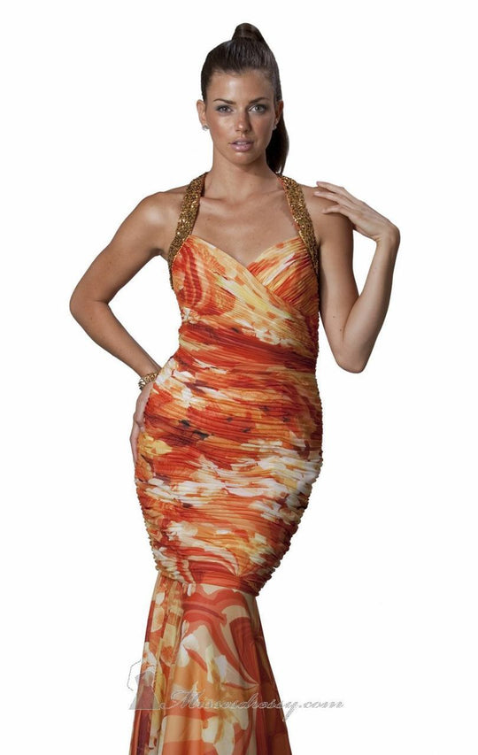 JS Collection - 863506 Sequined Halter Pleated Mermaid Dress in Orange and White