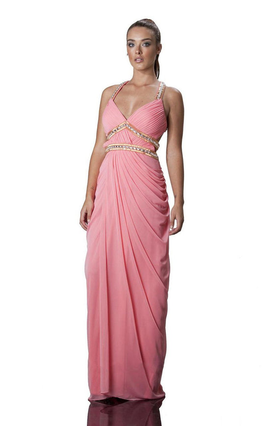 JS Collection - 863592 Bejeweled Halter Draped Dress in Pink