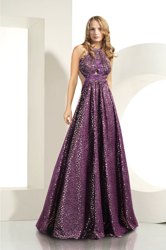 MNM Couture - 8638 Embellished Halter Neck A-Line Dress In Purple