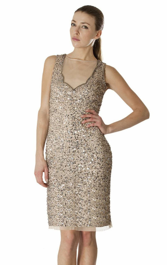 JS Collection - 864025 Sleeveless Sheer Sequined Sheath Dress in Neutral