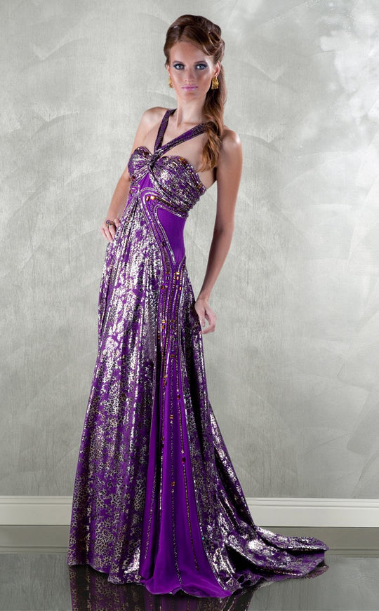 MNM Couture - 8640 Sequined Halter Neck A-Line Dress In Purple