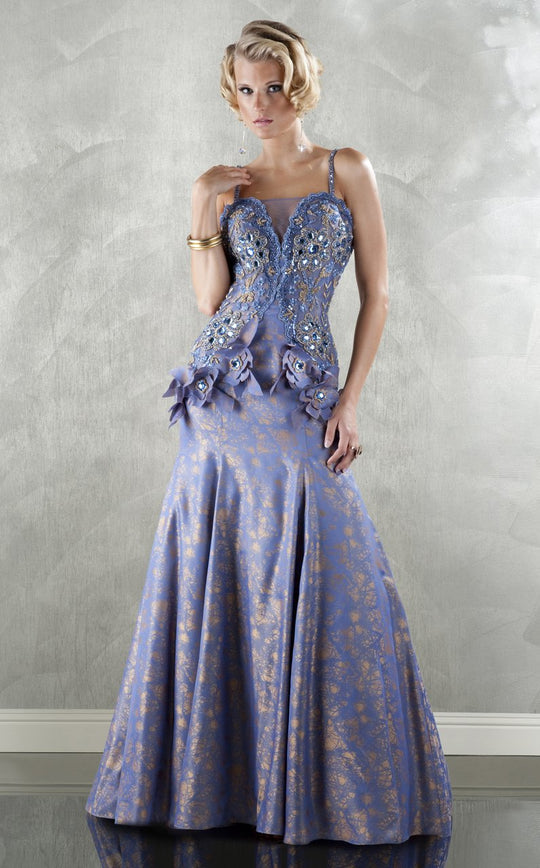MNM Couture - 8641 Floral Square Neck A-Line Dress In Blue