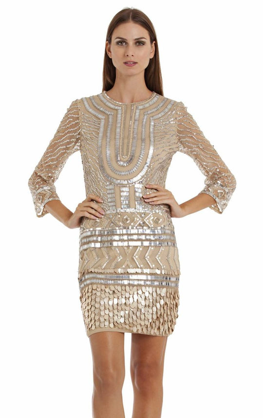 JS Collections - Sequined Jewel Neck Dress 864220 in Gold