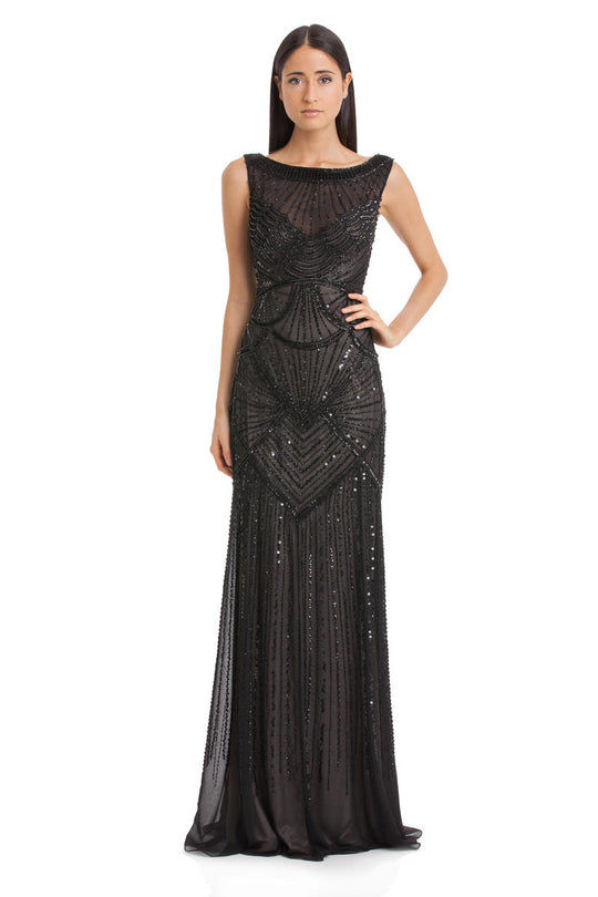 JC Collections - Bateau Neckline Beaded Long Dress 864470 in Black