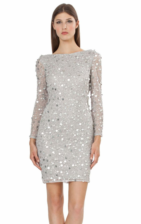 JS Collections - Sequined Straight Neck Sheath Dress 864777 in Silver