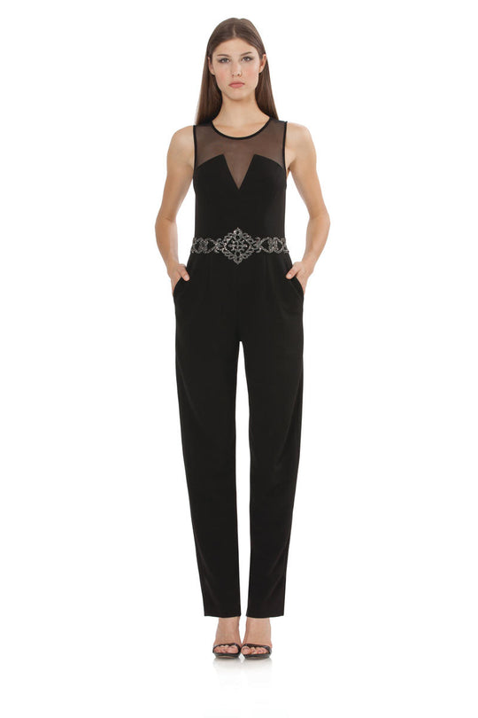 JS Collections - Sleeveless Waist Embellished Jumpsuit 864909 in Black