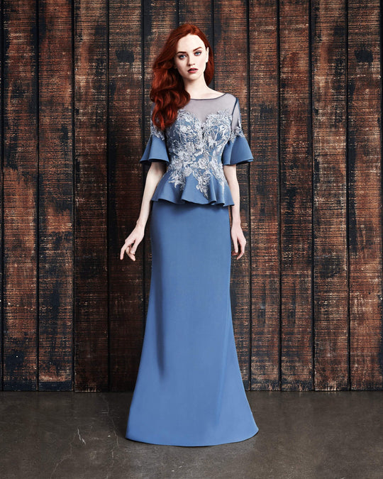 Alexander by Daymor - 865 Embroidered Illusion Bateau Trumpet Dress In Blue and Gray