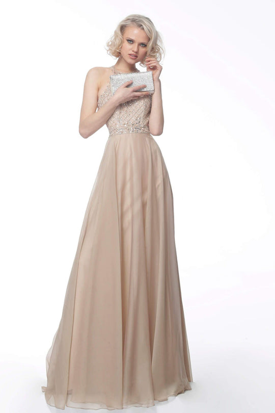 Jovani - JVN59783 Beaded Halter A-Line Evening Dress In Neutral