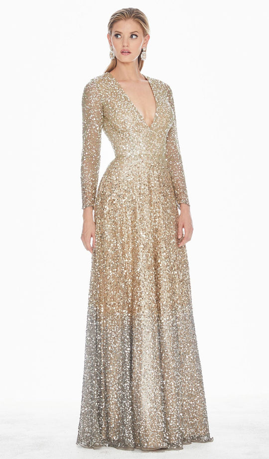 Ashley Lauren - Ombre Sequined V-neck A-line Dress 1456 In Silver and Gold