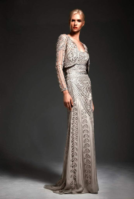 Park 108 - Long Sleeve Illusion Bolero with Soutache Long Gown 8705 In Silver