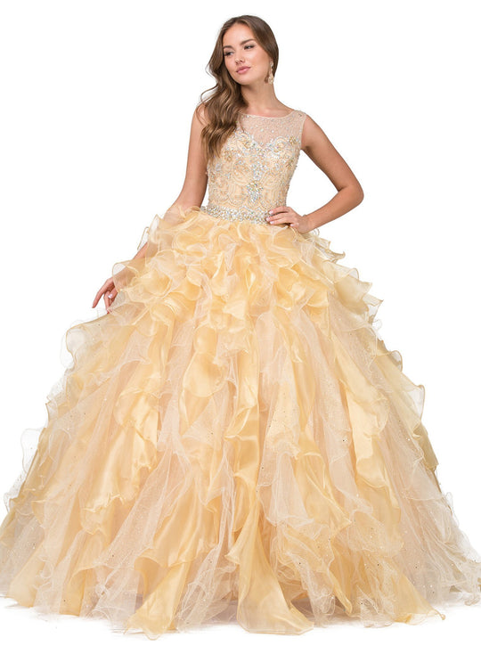 Dancing Queen - 8732 Jeweled Ruffled Evening Gown in Gold