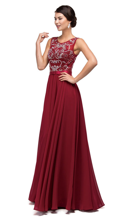 Dancing Queen - 8736 Jewel Detailed Illusion A-Line Long Dress