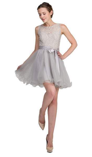 Dancing Queen - Sleeveless Lacy Illusion Short Cocktail Dress 8741 In Silver