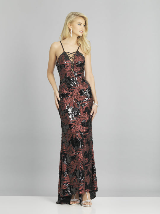 Dave & Johnny - A8744 Sequined Crisscross Strap Long Gown In Black and Red