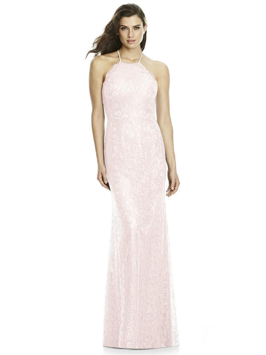 Dessy Collection - 2995 Scalloped Halter Strap Lace Sheath Dress In Pink